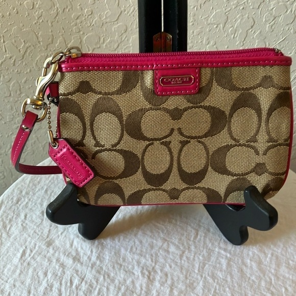 Coach: Khaki/Pink Signature Canvas/Leather wristlet/Clutch- 2 card slots - Picture 1 of 16